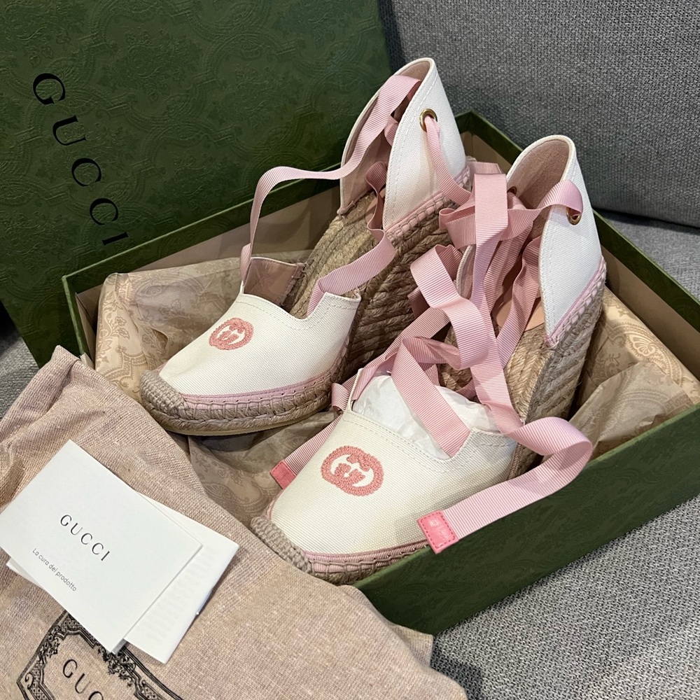 NEW Gucci GG Judie Lace Up Ballerina Espadrille Wedges - Picture 2 of 16